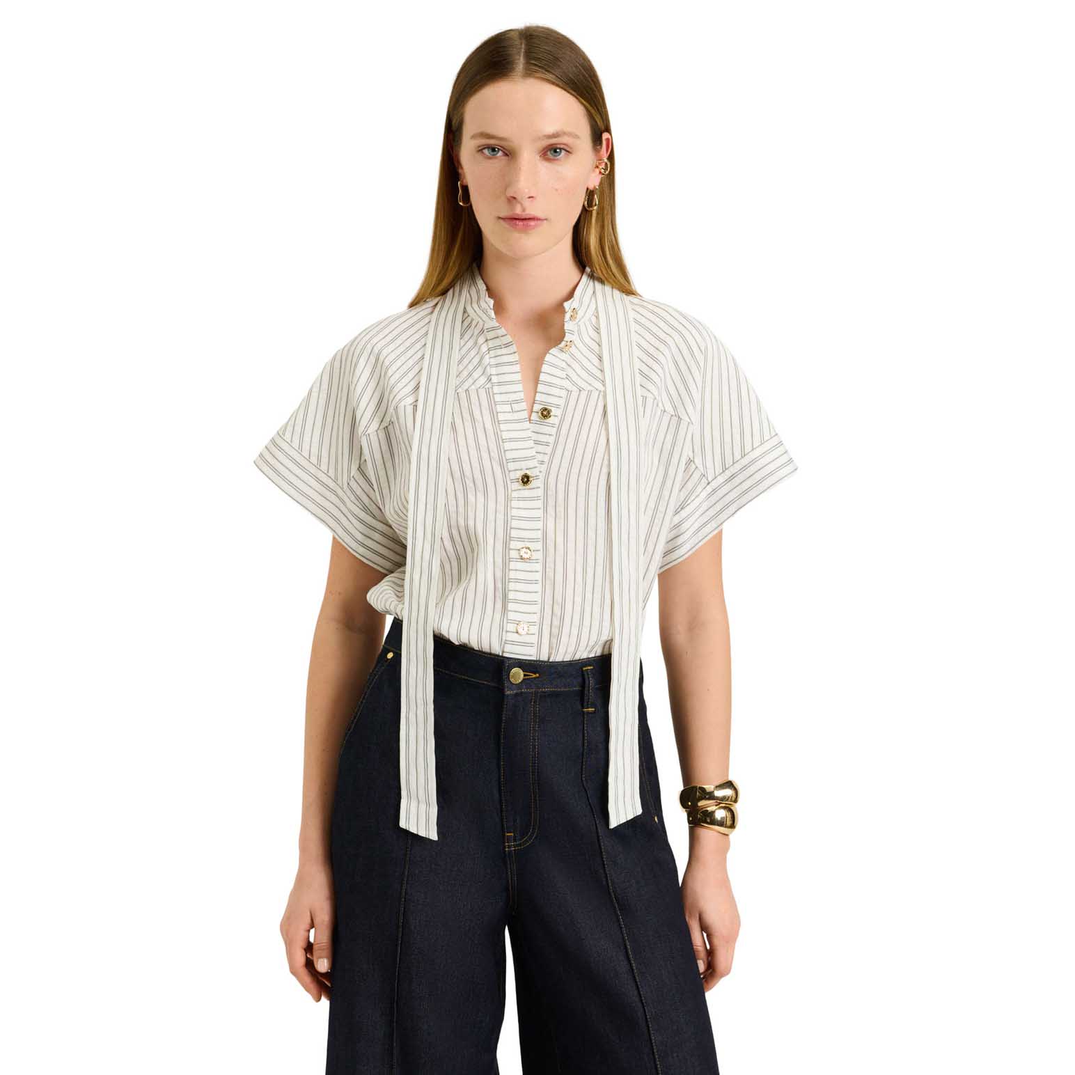 Veronika Maine Double Pinstripe Short Sleeve Shirt